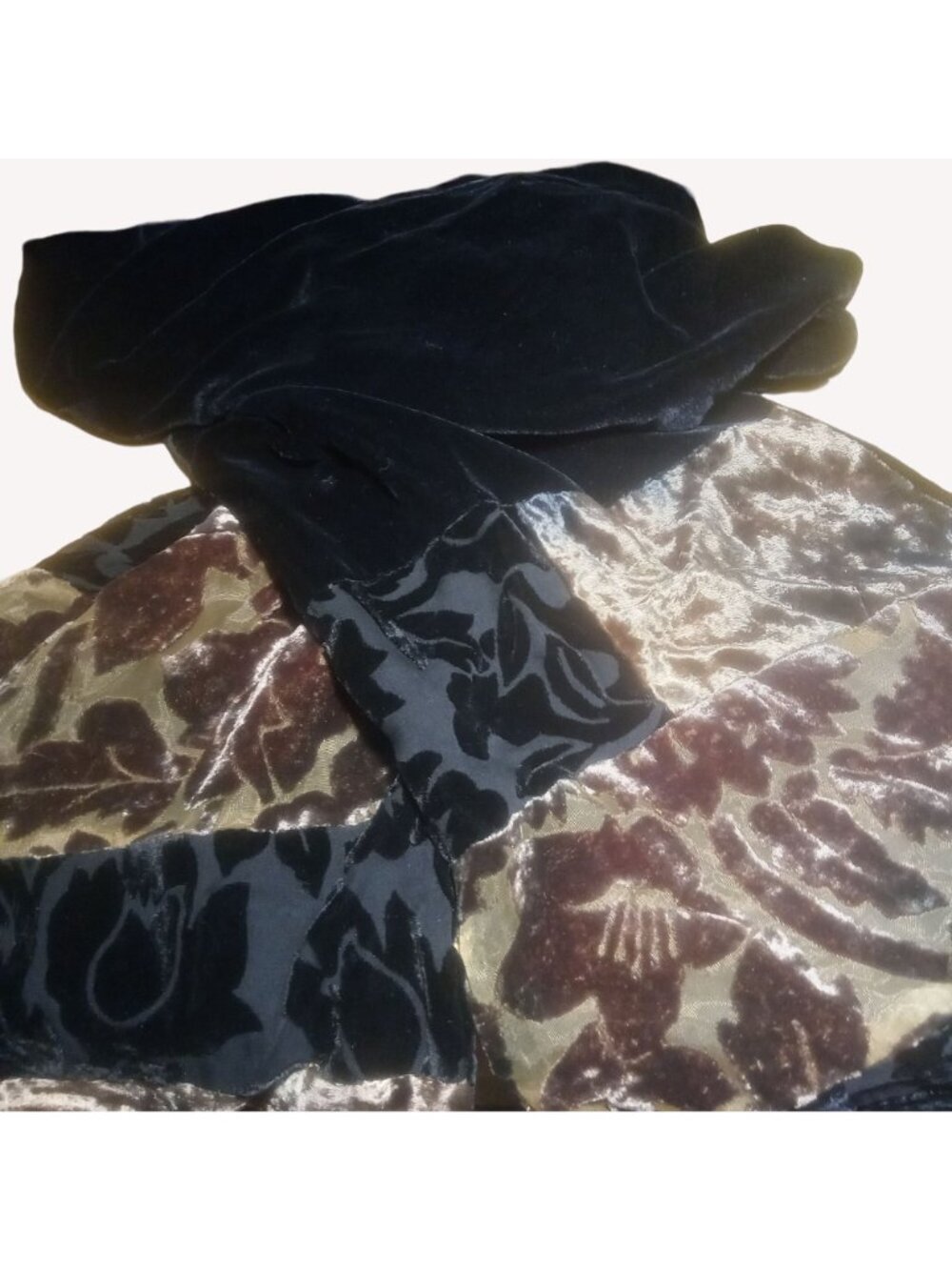Mina Mann Black Gold Silk Velour Velvet Brown Burnout Scarf Wrap 62x9" - Picture 14 of 15